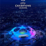 Meilleur fournisseur d'abonnement IPTV abordable et moins cher. Logo officiel de l'UEFA Champions League avec un stade de football éclairé la nuit, représentant le plus grand tournoi de football d'Europe.