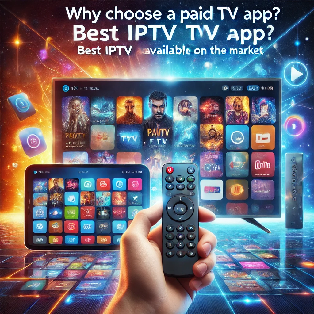 Blog IPTV Maroc. Why Choose a Paid IPTV Application? Hand holding remote zapping through IPTV apps displayed on TV screen in Play Store. Blog IPTV Maroc